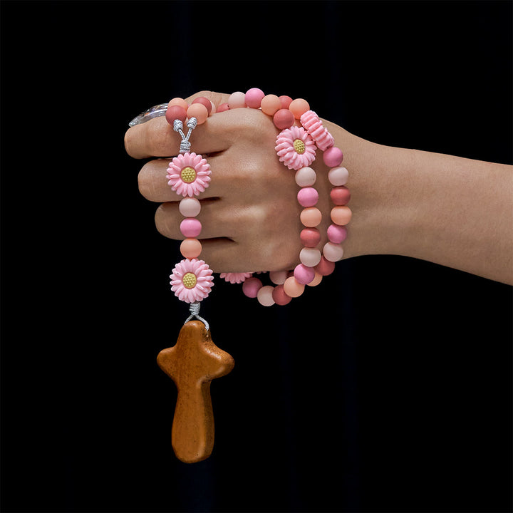 Christianartworkshop Children’s Silicone Pink Daisy Rosary with Wood Cross - image 1