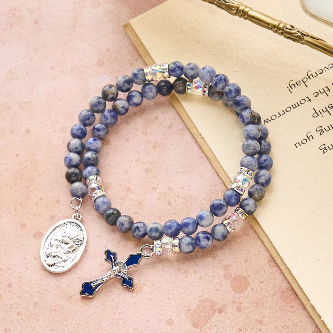 Christianartworkshop Blue Stone with Holy Family Memory Wire Rosary Bracelet - Wrist Circumference: 7.09"-9.45"/18-24cm - image 0