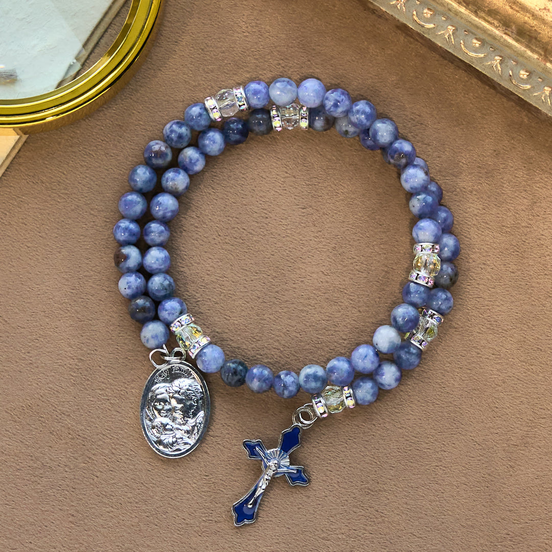Christianartworkshop Blue Stone with Holy Family Memory Wire Rosary Bracelet - image 3