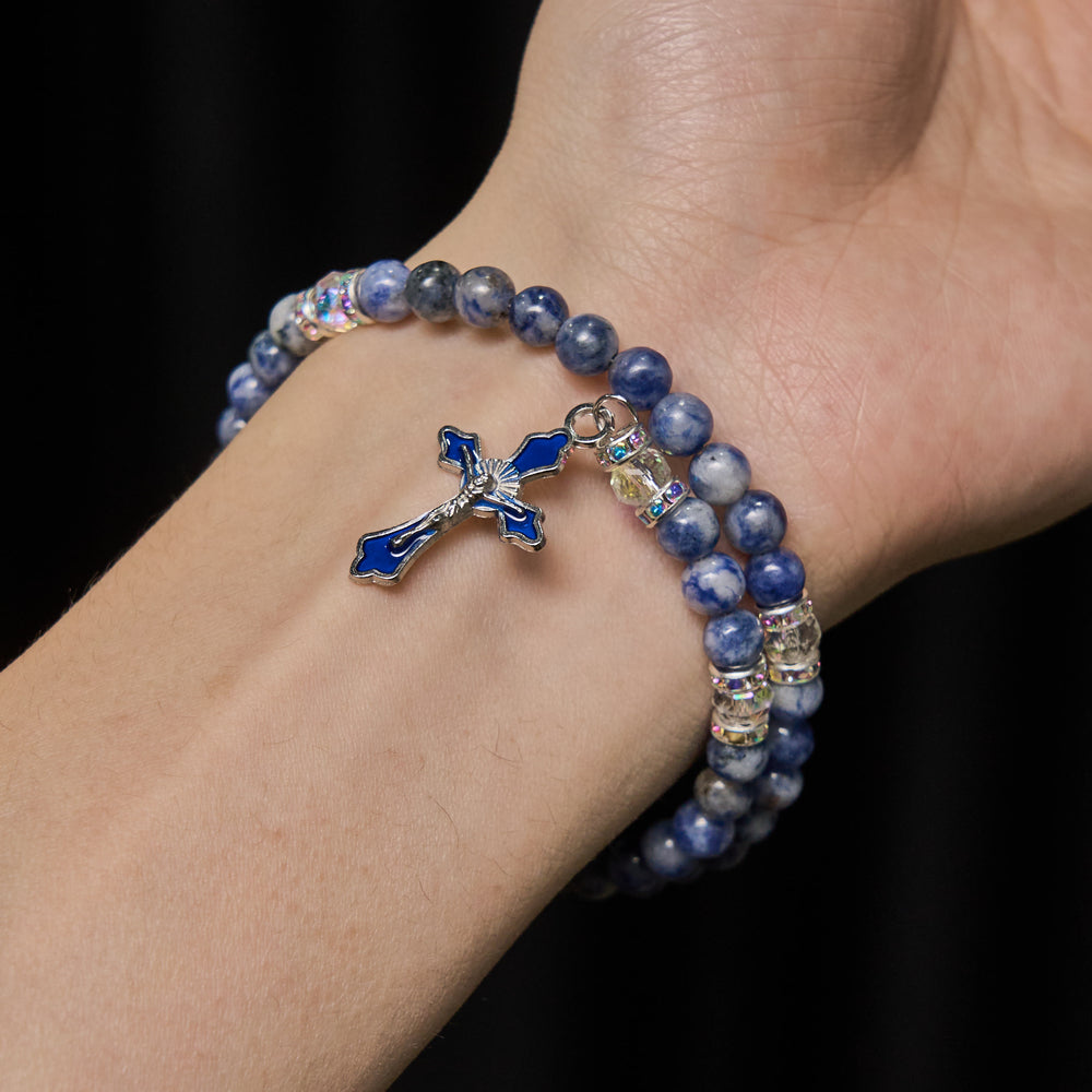 Christianartworkshop Blue Stone with Holy Family Memory Wire Rosary Bracelet - image 1