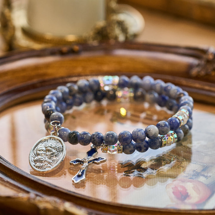 Christianartworkshop Blue Stone with Holy Family Memory Wire Rosary Bracelet - image 4