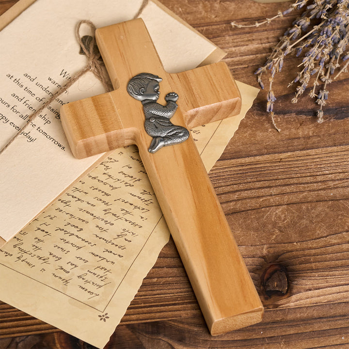 Christianartworkshop Wooden Cross Desktop Ornament: Devotion & Childhood Faith - Cross with Boy - image 1