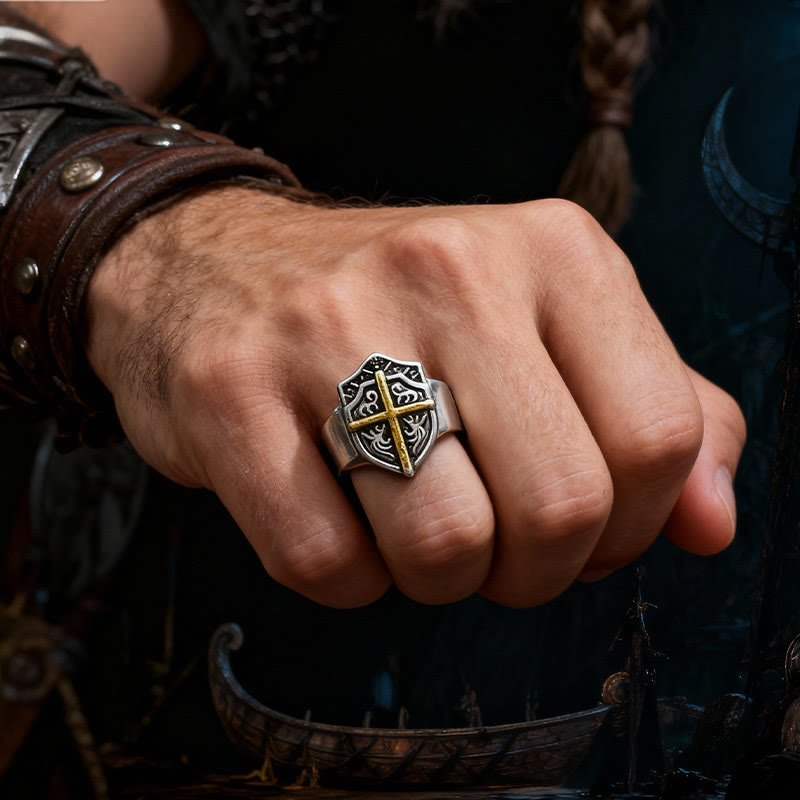 Christianartworkshop Shield Cross Ring: Faithful Protection & Timeless Devotion - Adjustable(Suitable for UK Size Q - UK Size T1/2) - image 0