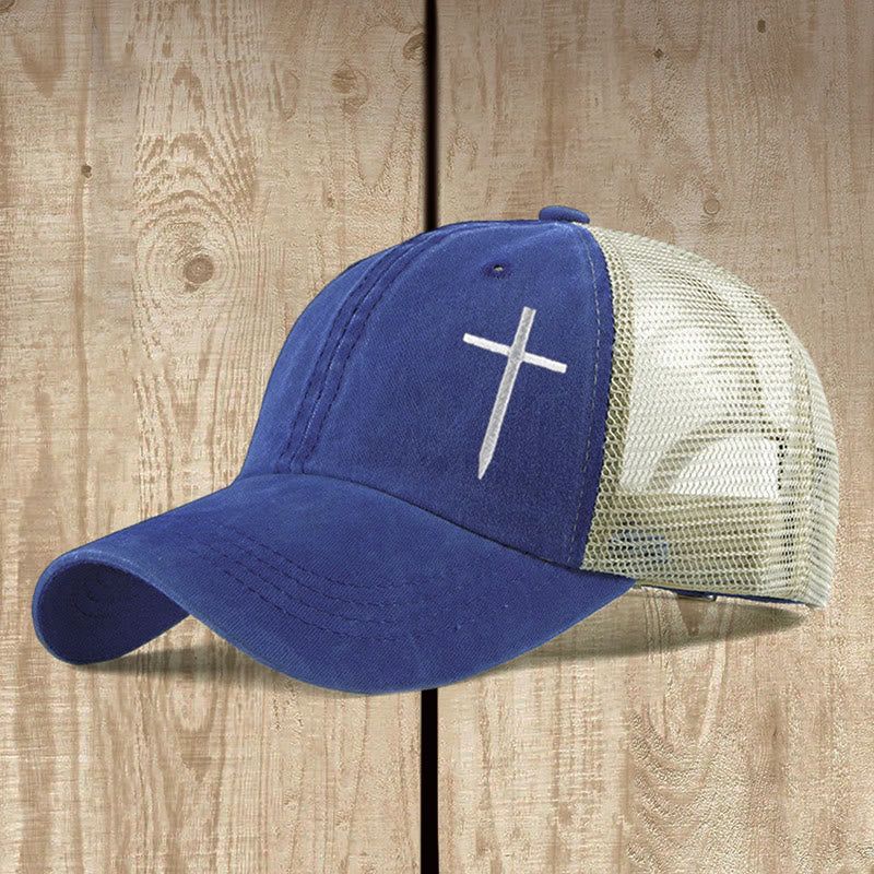 Christianartworkshop Cross Embroidered Trucker Cap: Faith - Filled Style & Spiritual Statement - Dark Blue - image 1