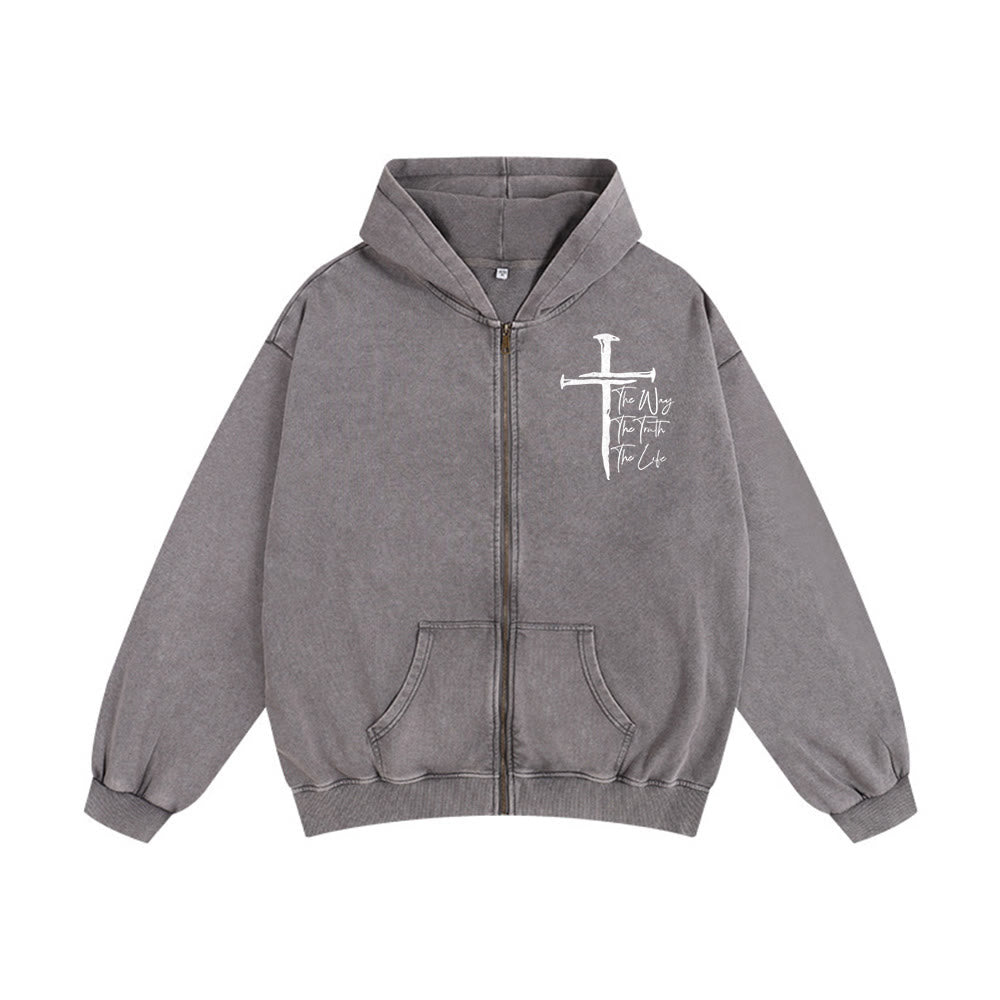 Christianartworkshop Faith Path Cross Hooded Jacket: The Way The Truth The Life in Casual Wear - Grey - 2XL - image 13