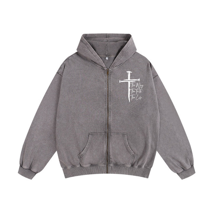 Christianartworkshop Faith Path Cross Hooded Jacket: The Way The Truth The Life in Casual Wear - Grey - 2XL - image 13