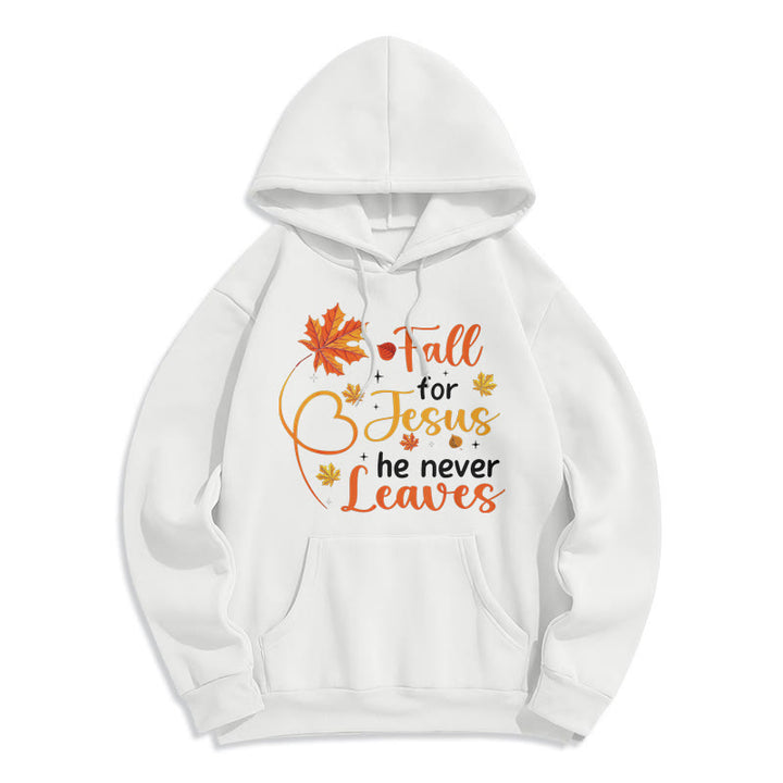 Christianartworkshop Fall For Jesus He Never Leaves Autumn Faith Fleece Lined Polyester Hoodie - White - 2XL - image 4