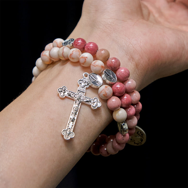 Christianartworkshop Rosewood Grain & Matte Web Stone Memory Wire Rosary Bracelet with Marian Medals - image 1
