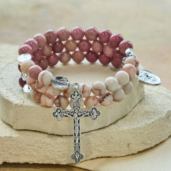 Christianartworkshop Rosewood Grain & Matte Web Stone Memory Wire Rosary Bracelet with Marian Medals - Wrist Circumference: 7.09"-9.45"/18-24cm - image 0
