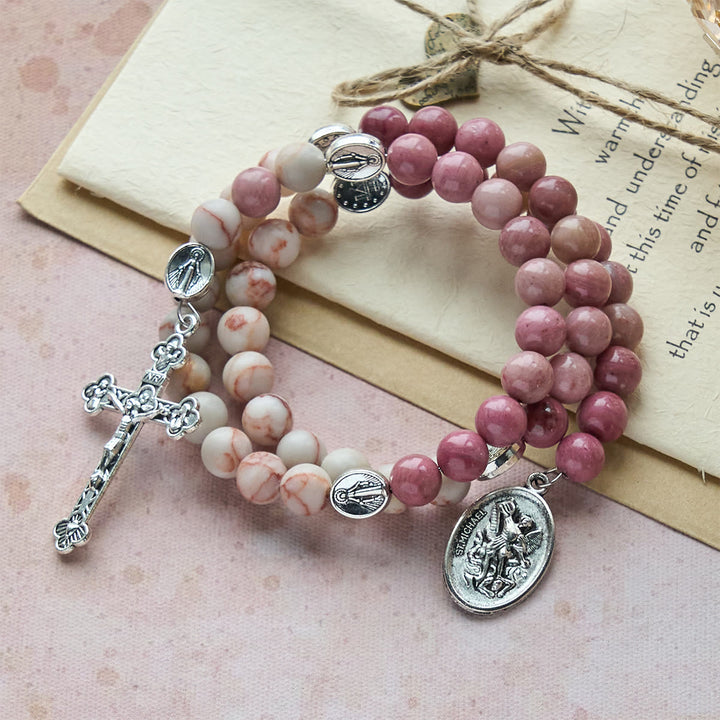 Christianartworkshop Rosewood Grain & Matte Web Stone Memory Wire Rosary Bracelet with Marian Medals - image 4