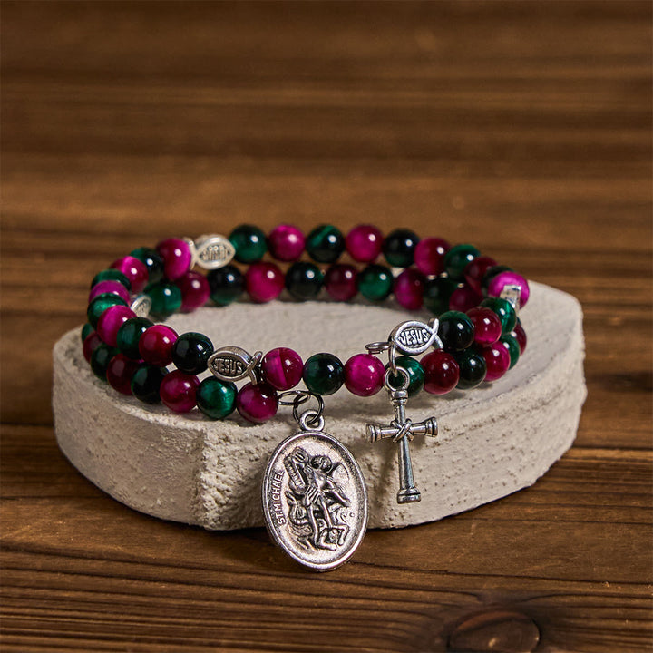 Christianartworkshop Dual-Toned Tiger Eye Memory Wire Rosary Bracelet with Saint Michael - image 4