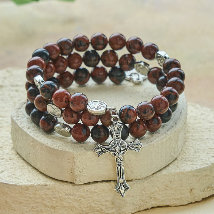 Christianartworkshop Natural Mahogany Obsidian Memory Wire Rosary Bracelet with Jesus - image 2