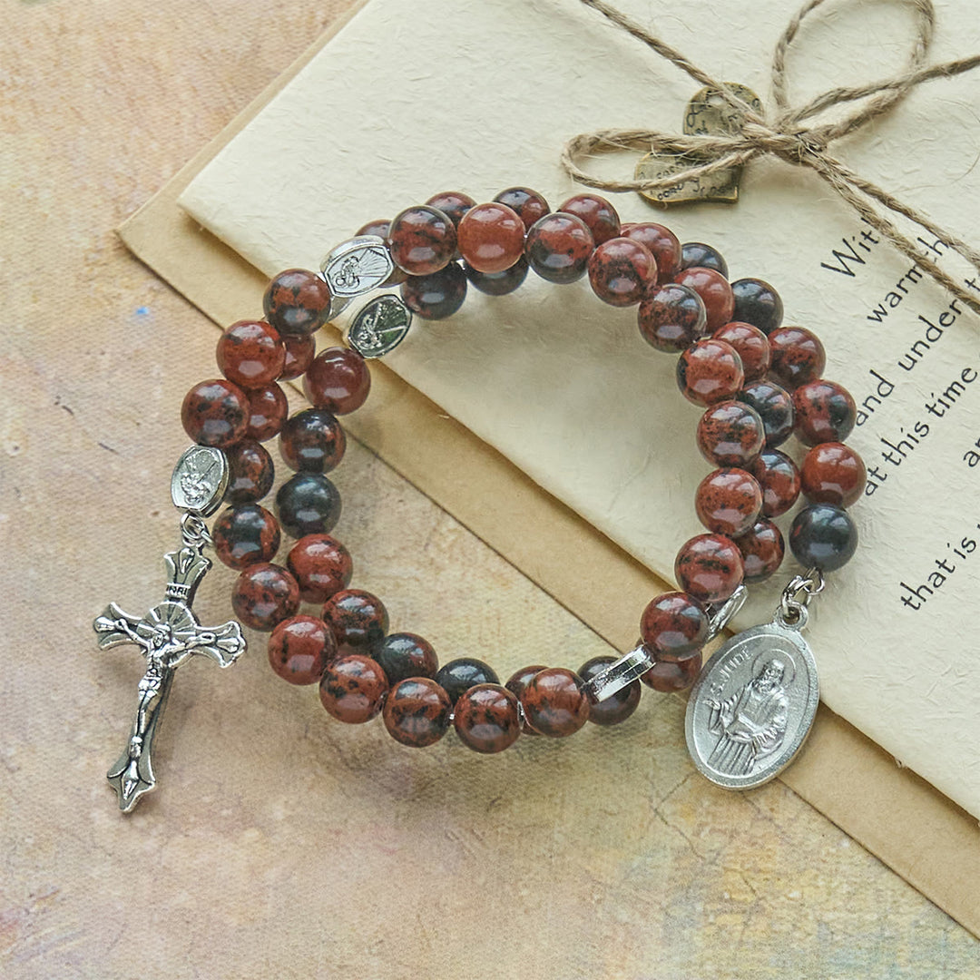 Christianartworkshop Natural Mahogany Obsidian Memory Wire Rosary Bracelet with Jesus - image 4