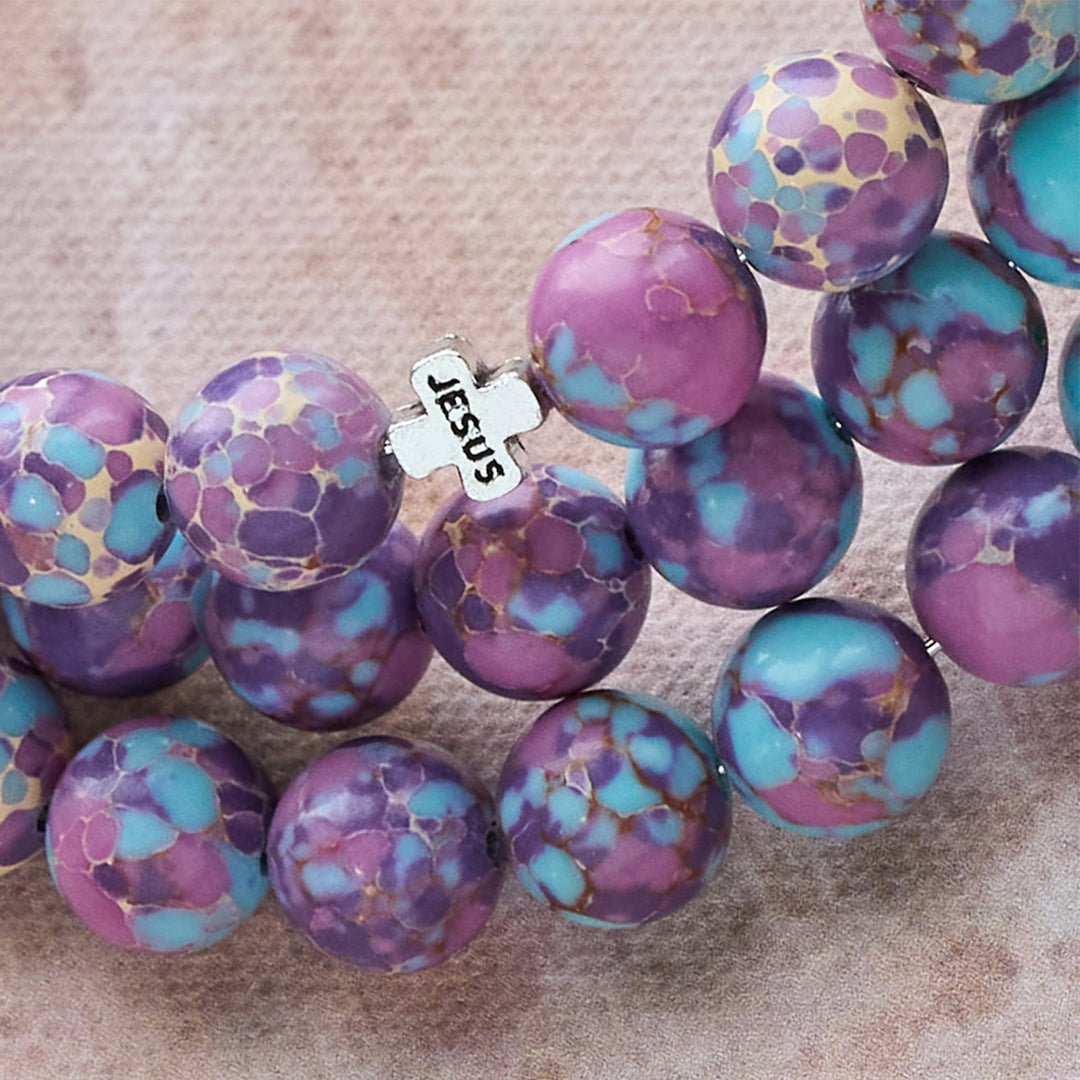 Christianartworkshop Purple Imperial Jasper Memory Wire Rosary Bracelet with Enamel Crucifix - image 7