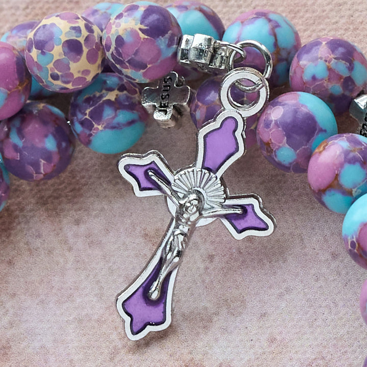 Christianartworkshop Purple Imperial Jasper Memory Wire Rosary Bracelet with Enamel Crucifix - image 9