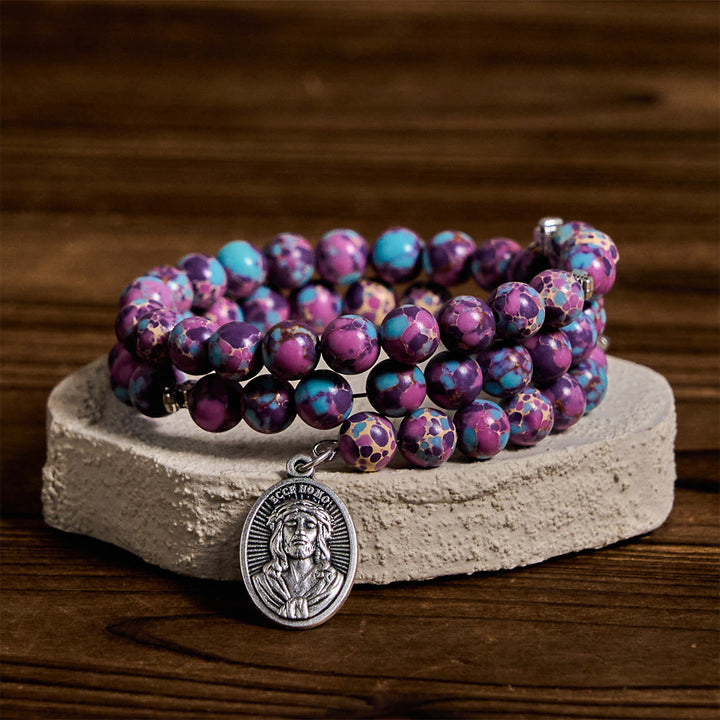 Christianartworkshop Purple Imperial Jasper Memory Wire Rosary Bracelet with Enamel Crucifix - image 6