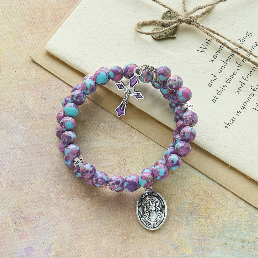 Christianartworkshop Purple Imperial Jasper Memory Wire Rosary Bracelet with Enamel Crucifix - image 4