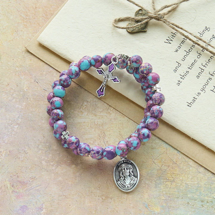 Christianartworkshop Purple Imperial Jasper Memory Wire Rosary Bracelet with Enamel Crucifix - image 4