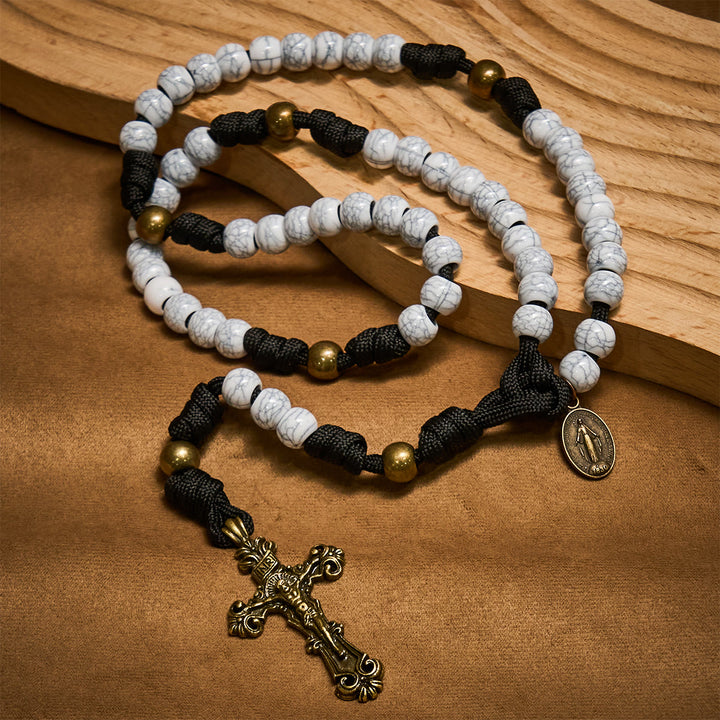 Christianartworkshop Matte White Crackle Beads with Ornate Brass Crucifix Rosary, Pocket Rosary - image 2