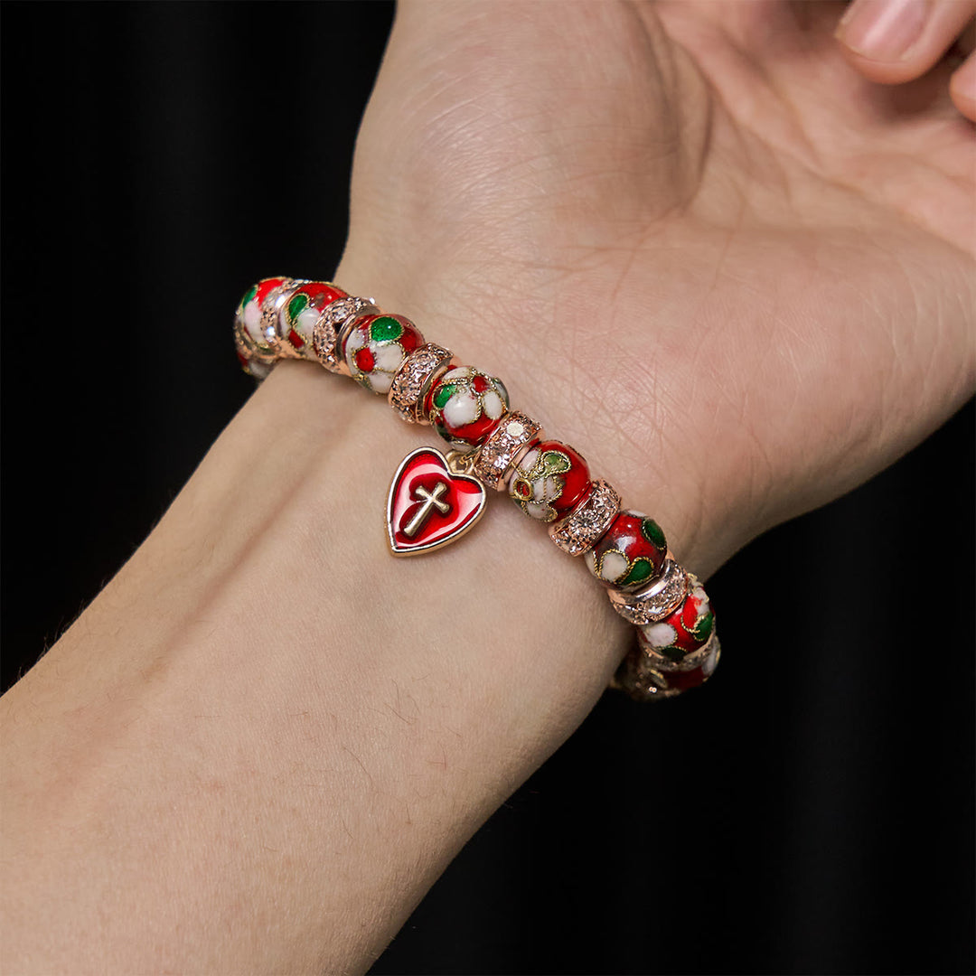 Christianartworkshop Enamel Craft Red Bead Bracelet with Cross Heart Pendant - image 1