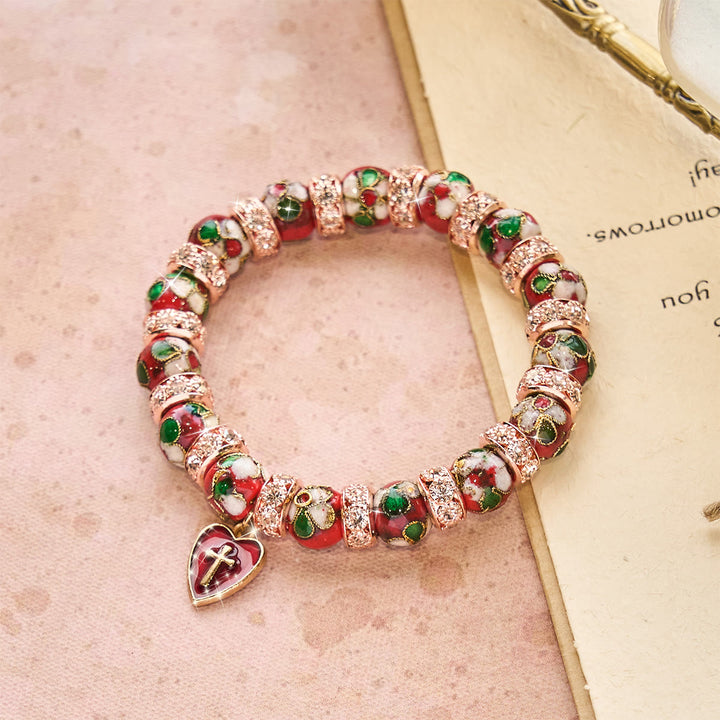 Christianartworkshop Enamel Craft Red Bead Bracelet with Cross Heart Pendant - Wrist Circumference: 8.86"/22.5cm - image 0