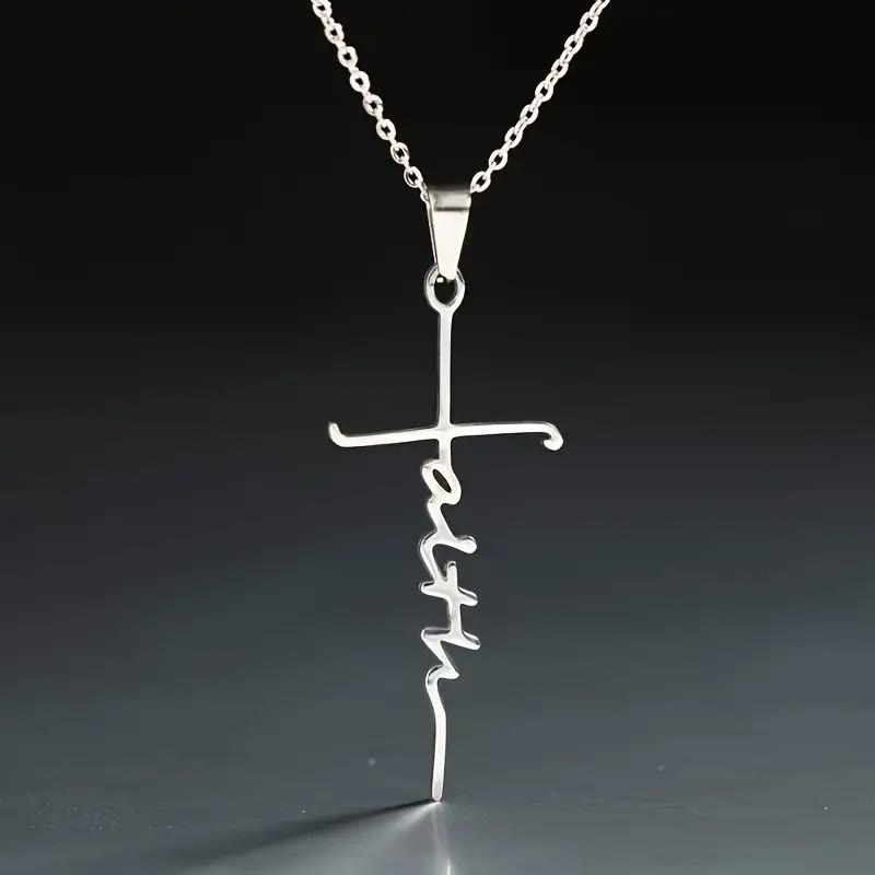 Christianartworkshop Elegant Scripted Faith Cross: Gentle Belief Charm & Daily Wear Jewelry - Silver - image 0
