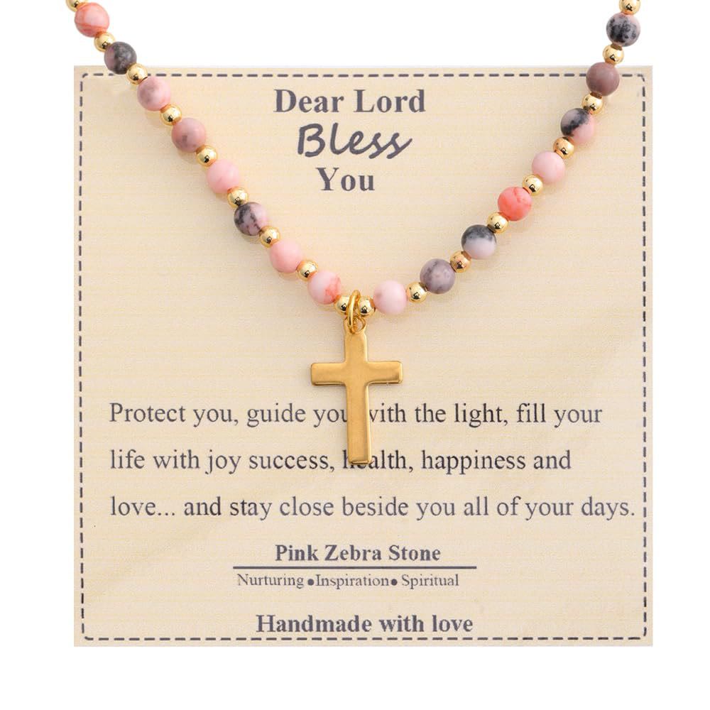 Christianartworkshop Blessed Stone Cross Necklace: Natural Gem Charm & Quiet Devotion Accent - Pink Zebra Stone - image 5