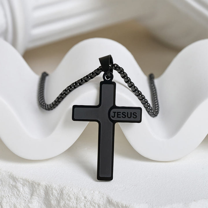 Christianartworkshop Minimalist Cross Necklace with "JESUS" Detail: Understated Expression of Faith - Black - image 8