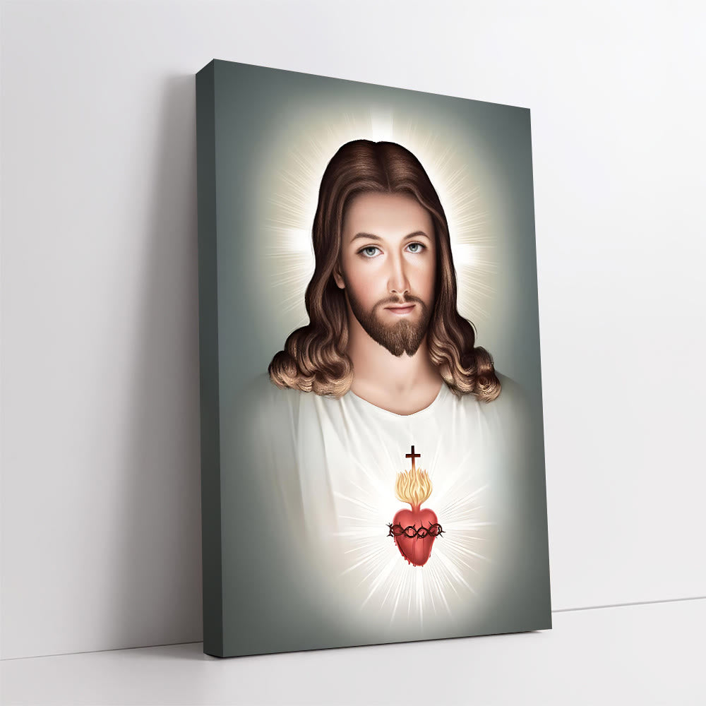 Christianartworkshop Jeus with Sacred Heart Wall Art: Gentle Faith for Home Decor - Framed Canvas Painting - 13.77"*19.58"*0.7"/35*50*1.8cm - image 0