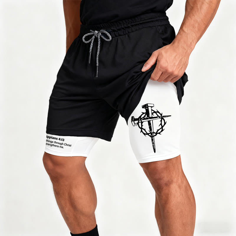 Christianartworkshop Philippians 4:13 Faith Performance Shorts with Nail & Crown Cross - image 2