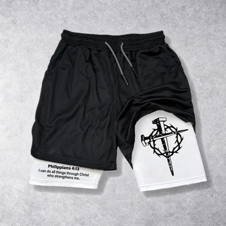 Christianartworkshop Philippians 4:13 Faith Performance Shorts with Nail & Crown Cross - US/UK/AU40, EU54 - image 0