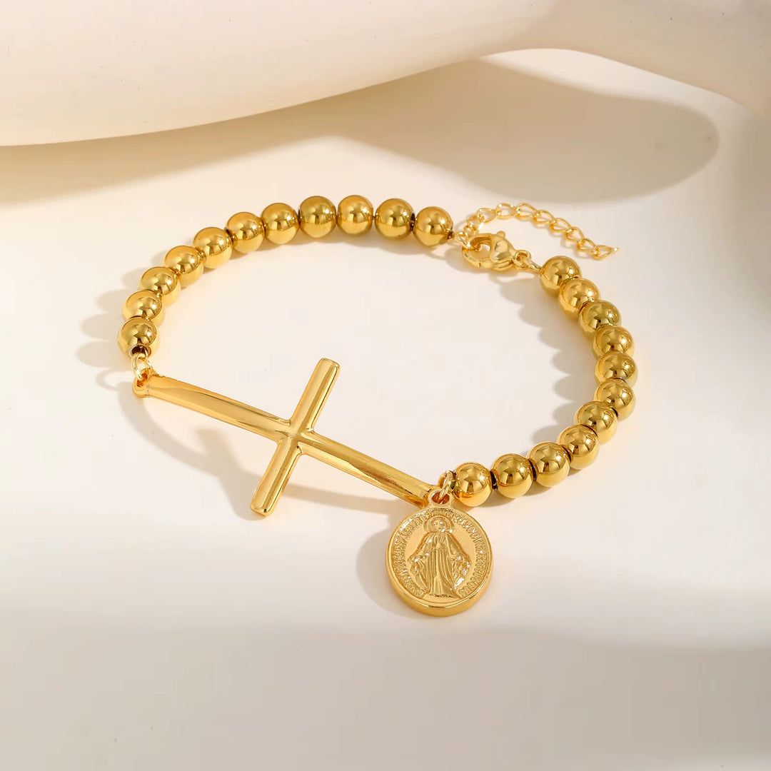 Christianartworkshop Cross & Our Lady Beaded Bracelet: Spiritual Symbol with Polished Elegance - Golden - image 3