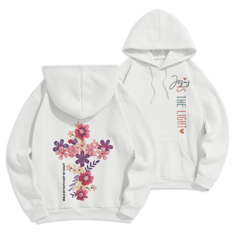 Christianartworkshop Jesus is the Light Floral Cross Faith Fleece Lined Polyester Hoodie - White - 2XL - image 16