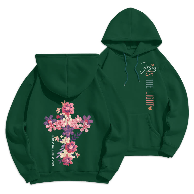 Christianartworkshop Jesus is the Light Floral Cross Faith Fleece Lined Polyester Hoodie - Green - 2XL - image 0