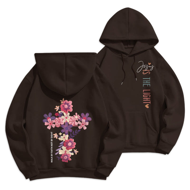 Christianartworkshop Jesus is the Light Floral Cross Faith Fleece Lined Polyester Hoodie - Brown - 2XL - image 18