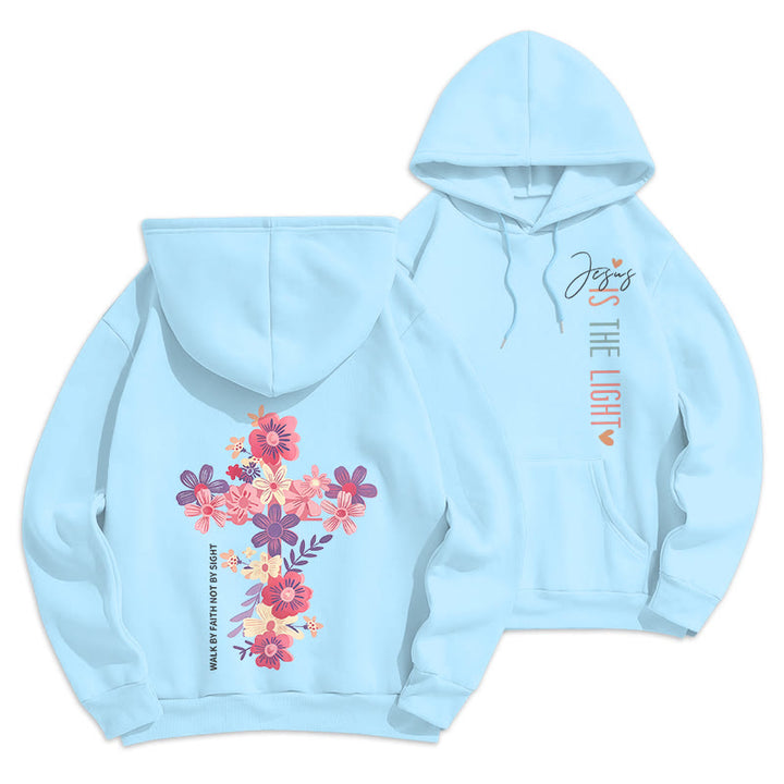 Christianartworkshop Jesus is the Light Floral Cross Faith Fleece Lined Polyester Hoodie - Blue - 2XL - image 6