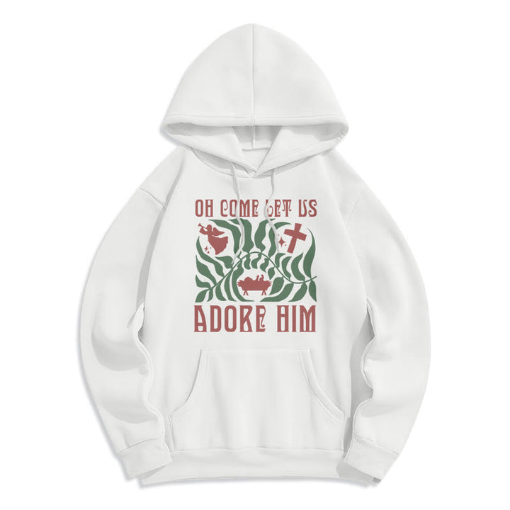Christianartworkshop Oh Come Let Us Adore Him Christmas Tree Faith Fleece Lined Polyester Hoodie - White - 2XL - image 6