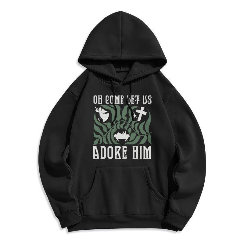 Christianartworkshop Oh Come Let Us Adore Him Christmas Tree Faith Fleece Lined Polyester Hoodie - Black - 2XL - image 8