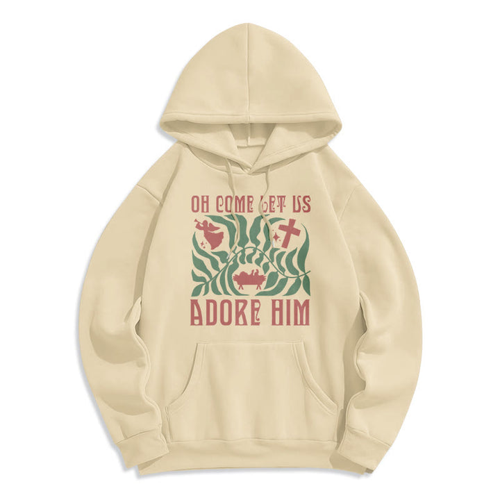 Christianartworkshop Oh Come Let Us Adore Him Christmas Tree Faith Fleece Lined Polyester Hoodie - Beige - 2XL - image 4