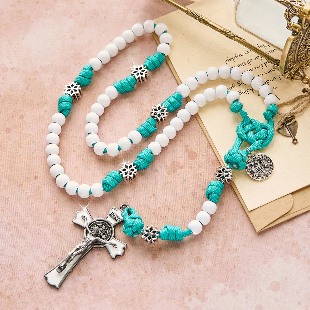 Christianartworkshop Winter White Bead Paracord Rosary: Snowflakes Accents & Sacred Christ Crucifix - image 5
