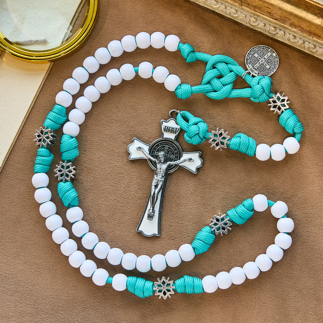 Christianartworkshop Winter White Bead Paracord Rosary: Snowflakes Accents & Sacred Christ Crucifix - St. Benedict & Crucifix - image 0