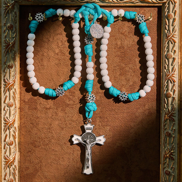 Christianartworkshop Winter White Bead Paracord Rosary: Snowflakes Accents & Sacred Christ Crucifix - image 2
