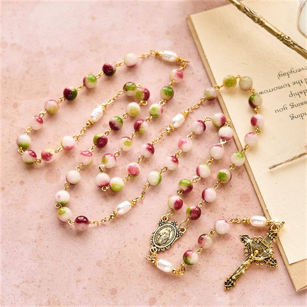 Christianartworkshop Vibrant Tourmaline Rosary with Golden Chain & Christ Crucifix - Our Lady & Crucifix - image 0