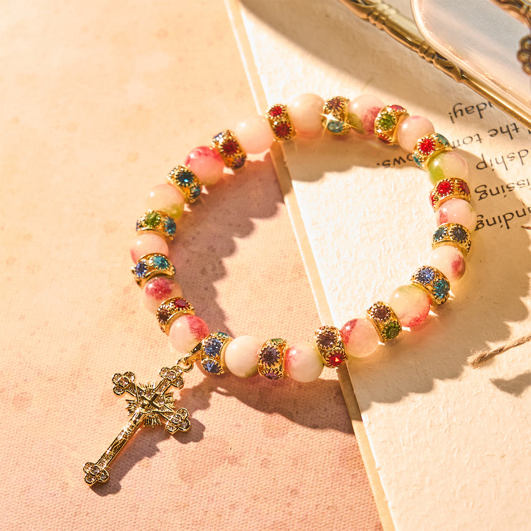 Christianartworkshop Devotional Tourmaline Sparkling Bracelet with Ornate Golden Crucifix - Wrist Circumference: 6.69"-8.27'/17-21cm - image 0