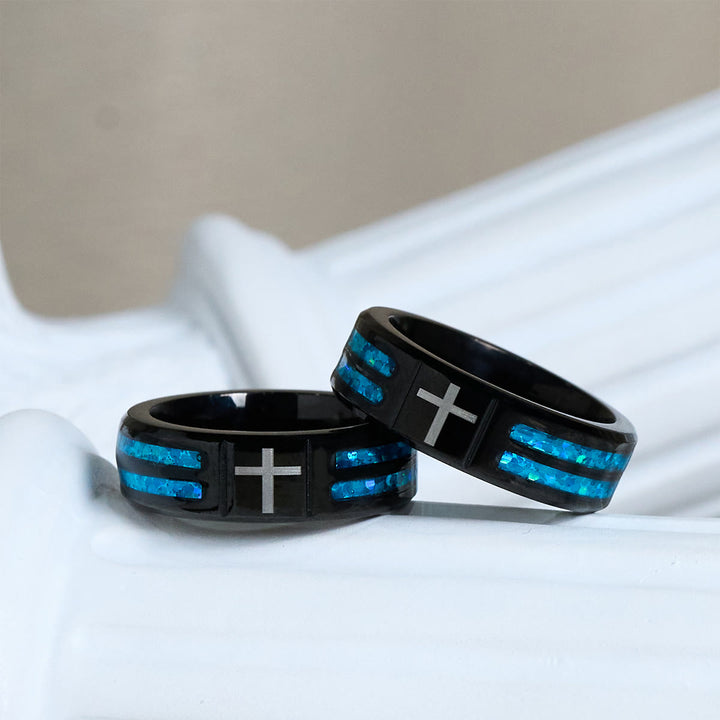Christianartworkshop Modern Titanium Steel Cross Ring with Laser Blue Inlay: Serenity in Christ's Blue Light - image 7