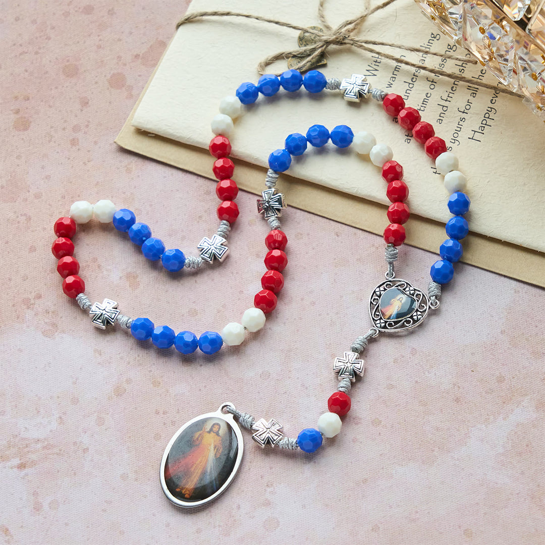 Christianartworkshop Patriotic Tricolor Devotional Rosary with Our Lady & Divine Mercy Sacred Medal - image 3