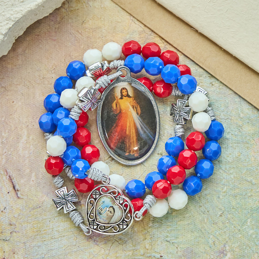 Christianartworkshop Patriotic Tricolor Devotional Rosary with Our Lady & Divine Mercy Sacred Medal - image 6