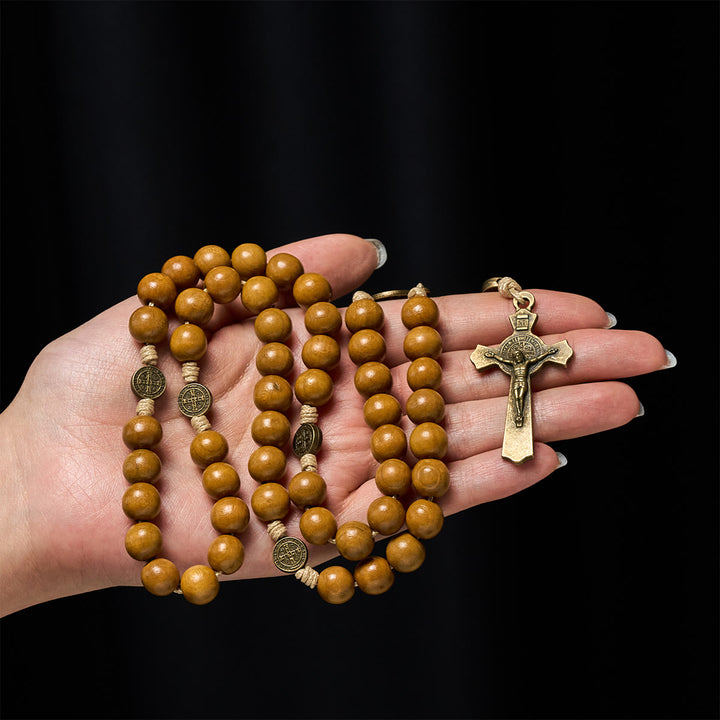 Christianartworkshop Blessed St. Benedict Guardian Rosary: Peach Wood Beads & Holy Crucifix - image 1