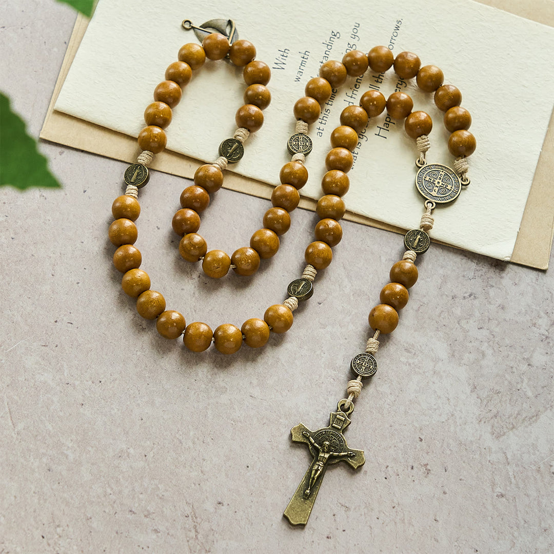 Christianartworkshop Blessed St. Benedict Guardian Rosary: Peach Wood Beads & Holy Crucifix - image 3