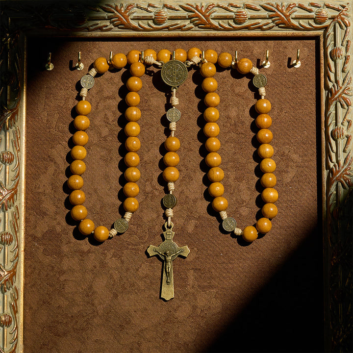 Christianartworkshop Blessed St. Benedict Guardian Rosary: Peach Wood Beads & Holy Crucifix - image 2